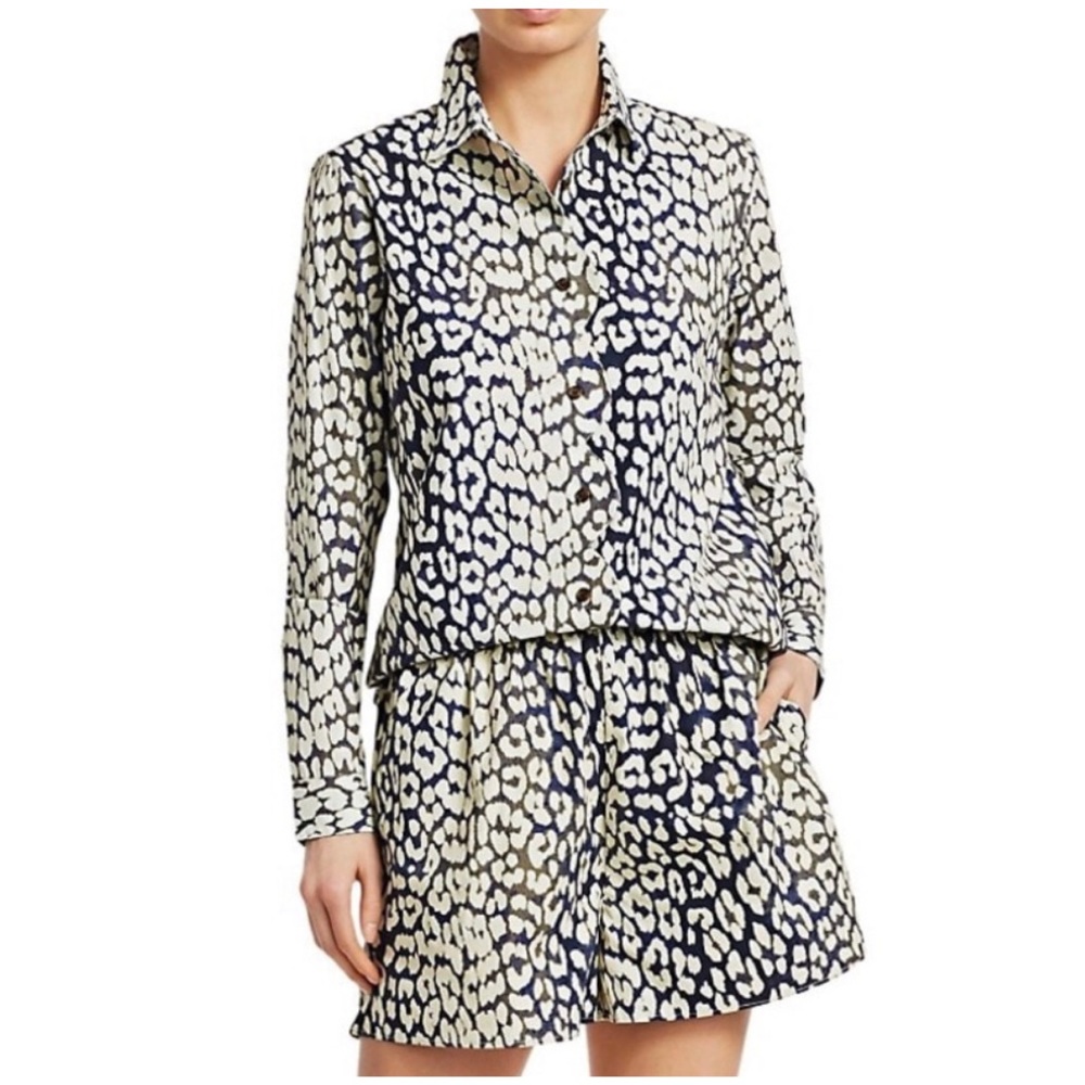 GANNI Leopard Print Long Sleeve Cotton Poplin Shirt - Total Eclipse